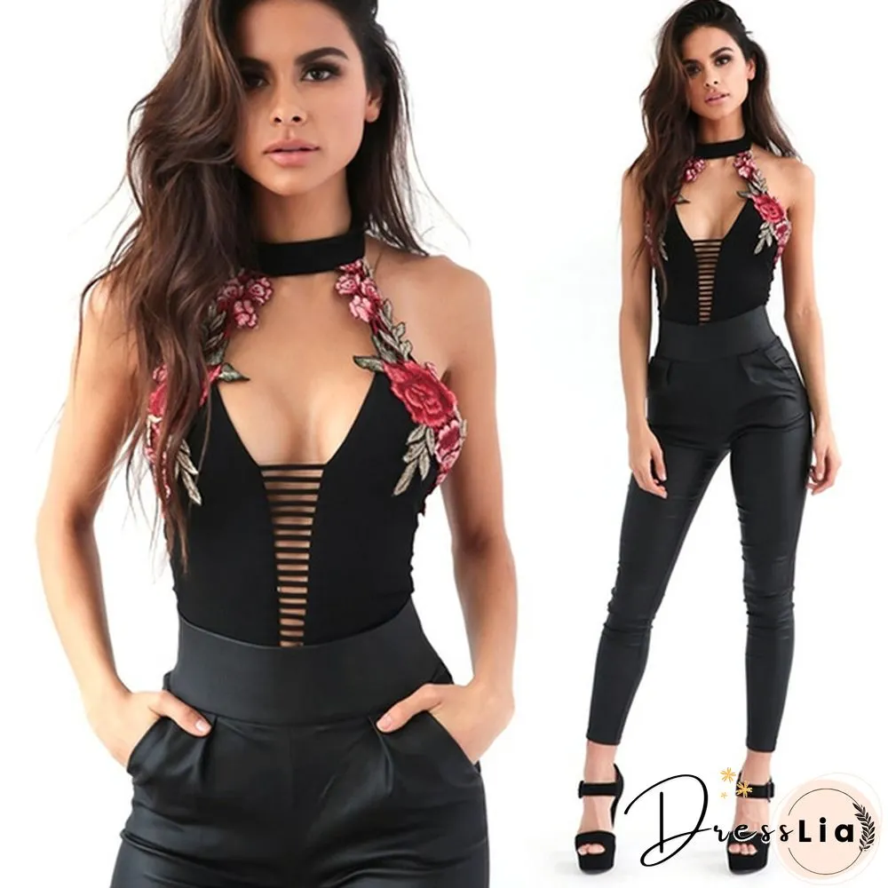 Women's Rose Embroidery Backless Bodysuit High Waist Sexy Rompers