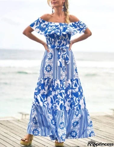 Summer Herringbone Neck High Waist Print Dress