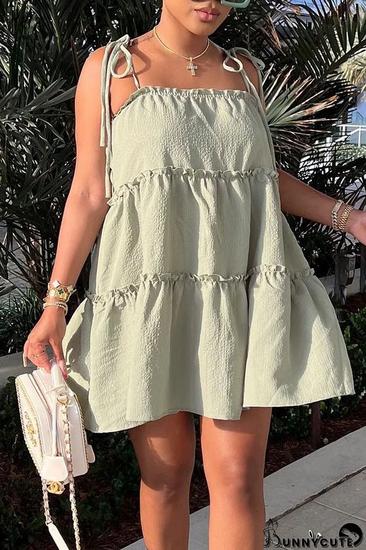 Light Green Sweet Solid Patchwork Fold Stringy Selvedge Spaghetti Strap A Line Dresses