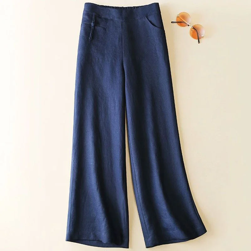 Applyw Women Straight Casual Pants 2023 Summer Elastic High Waist Wide Leg Pants Female Vintage Loose Cotton Linen Trousers