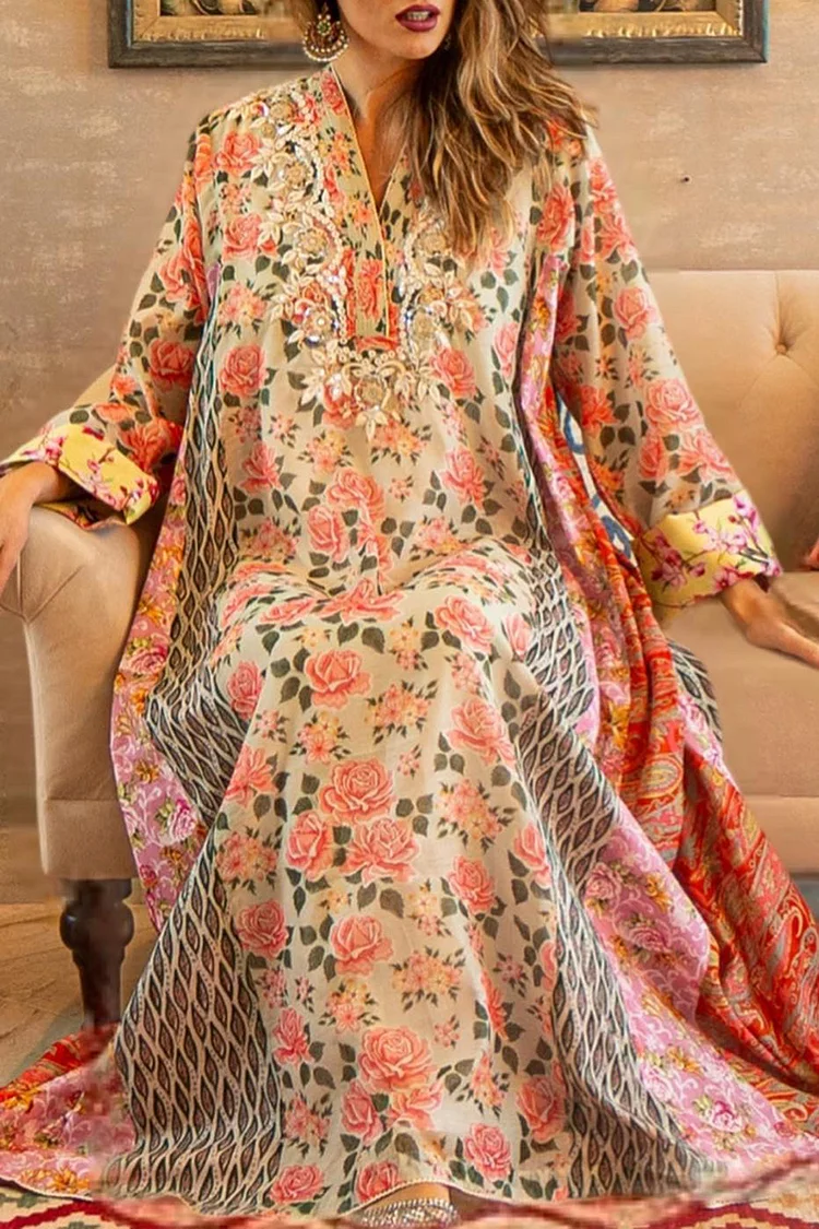 Patchwork Long Sleeve Multicolor Tribal Print V Neck Floral Embroidery Maxi Dresses