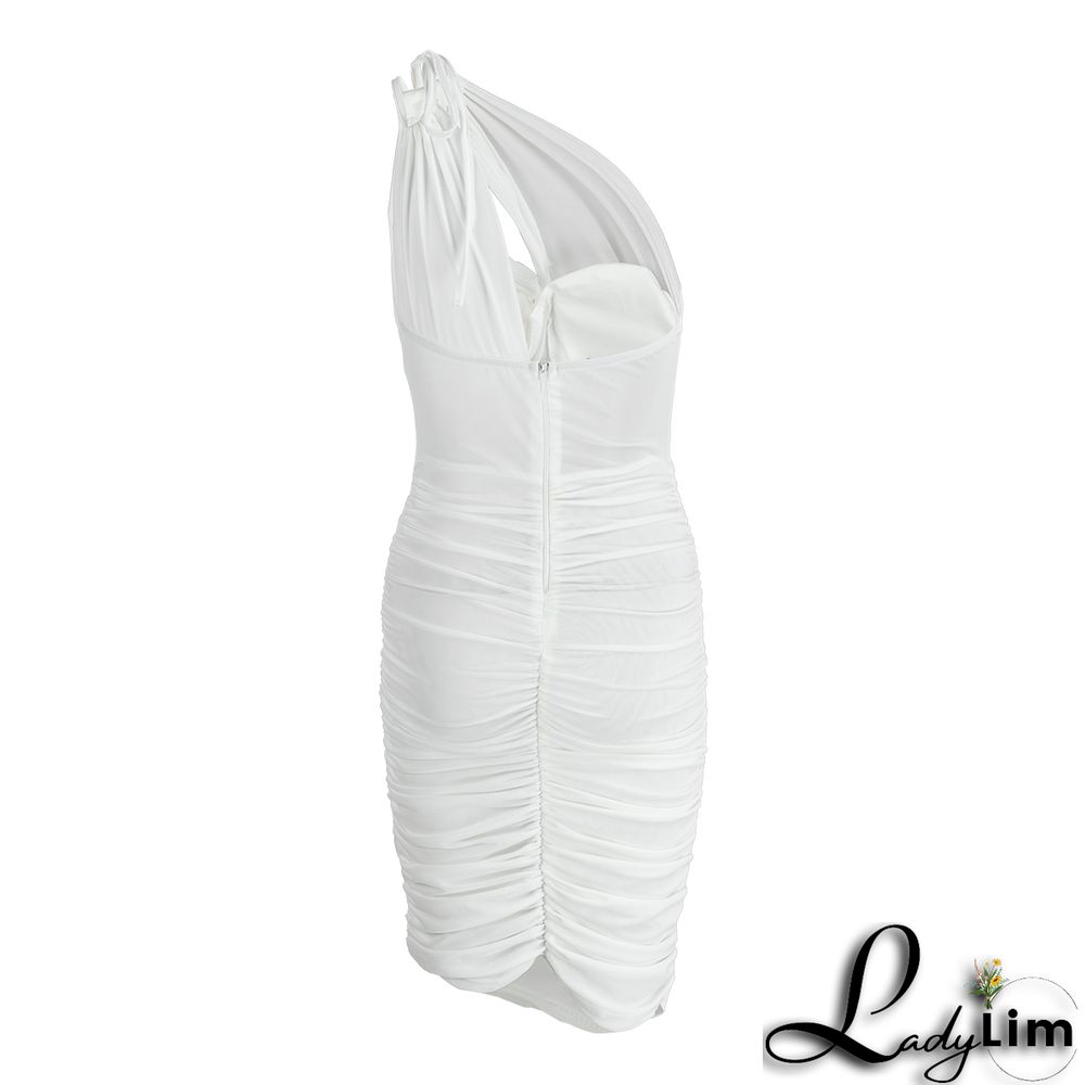 Apricot Sexy Solid Mesh One Shoulder Pencil Skirt Dresses