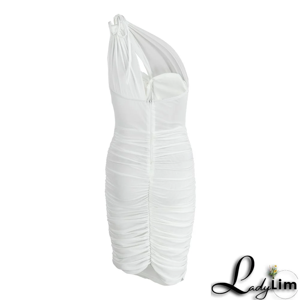 Apricot Sexy Solid Mesh One Shoulder Pencil Skirt Dresses