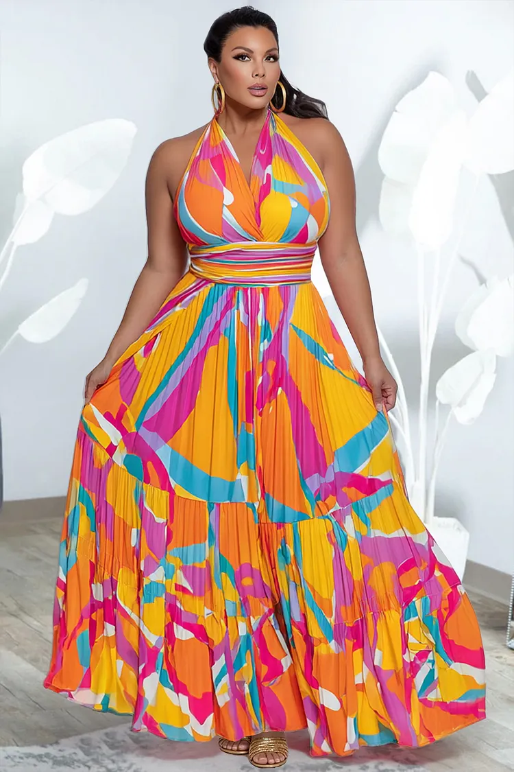 Xpluswear Design Plus Size Vacation Orange Geometric Halter Collar Ruffle Maxi Dresses [Pre-Order] 2024 - Xpluswear