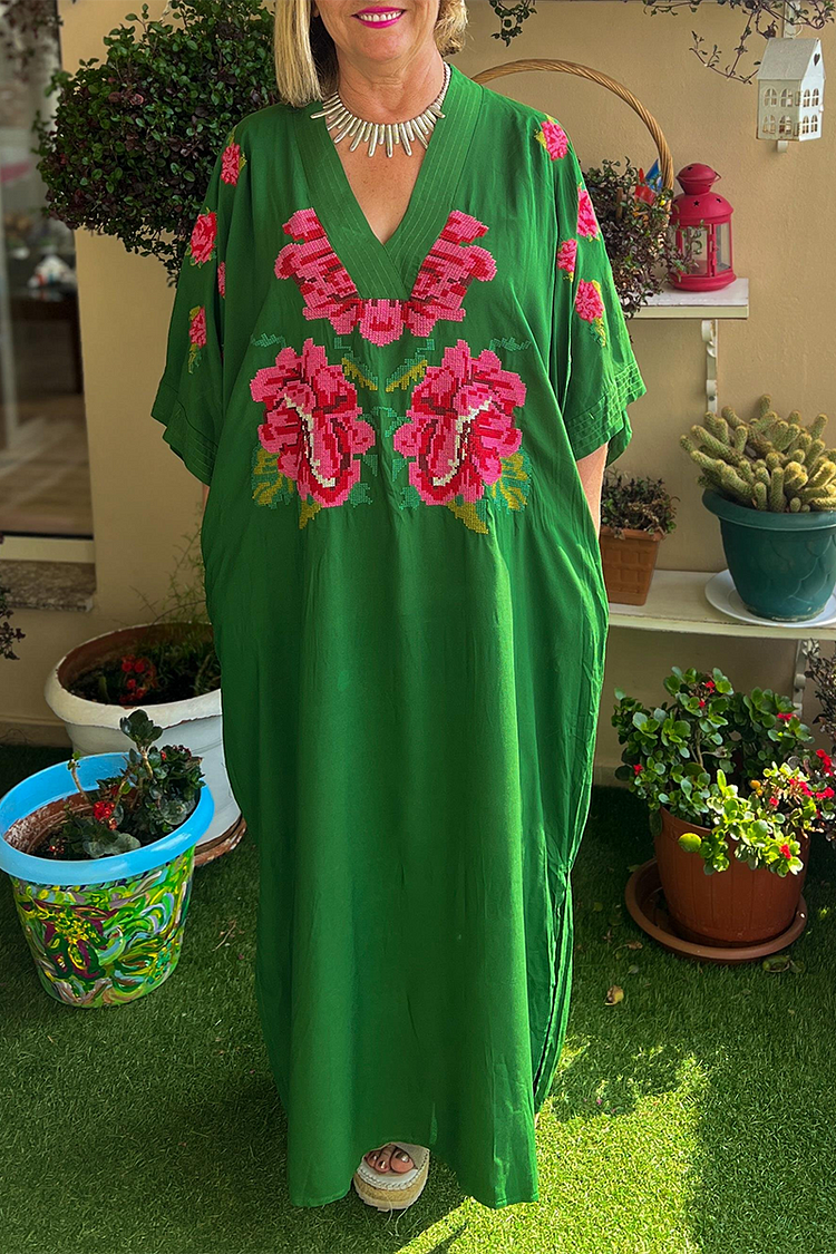 Quilted V Neck Short Sleeve Floral Printed Linen Maxi Dresses [Pre Order]