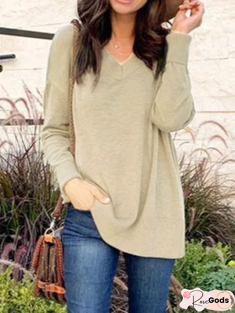 Khaki Long Sleeve V Neck Cotton-Blend T-Shirt