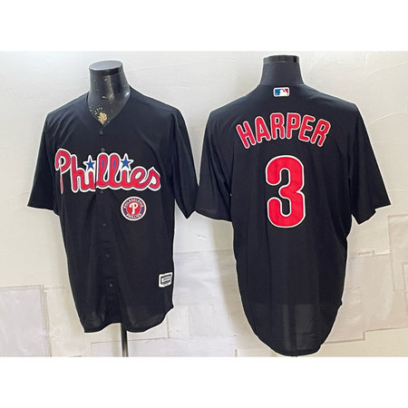 Men's Philadelphia Phillies #3 Bryce Harper Black Cool Base Stitched Baseball Jersey