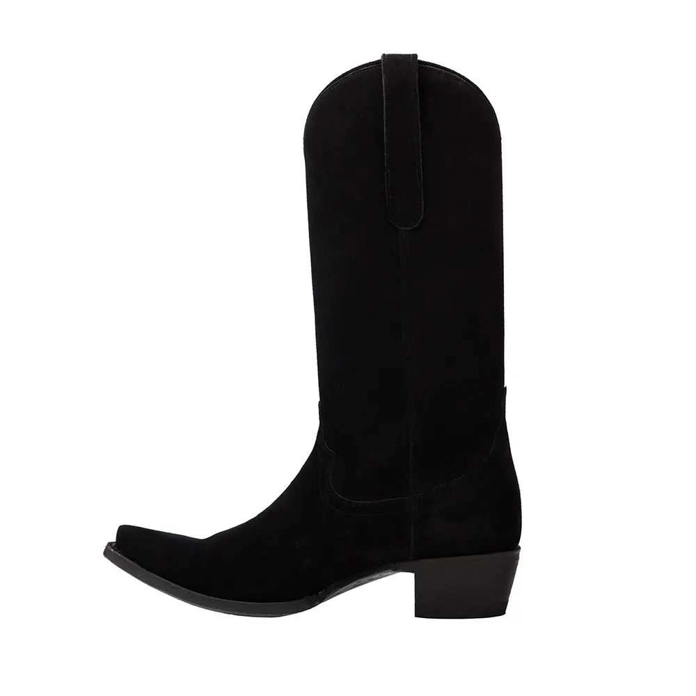 Black Vegan Suede Snip Toe Chunky Heel Pull On Cowgirl Boots