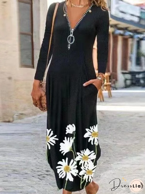 Casual Zipper V-neck Flower Print Long Skirt for Women