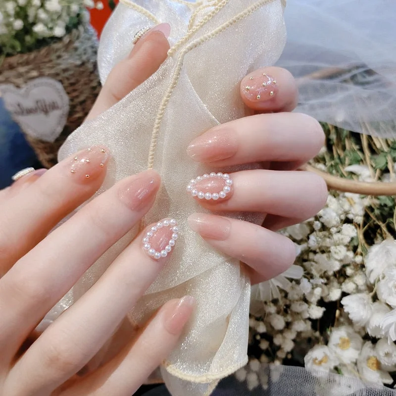 Bride Shining Rhinestone Wedding False Nails Ladies Simple Fashion French Fake Nails White Beige Acrylic Nail Tips With Glue-Nail Inspo