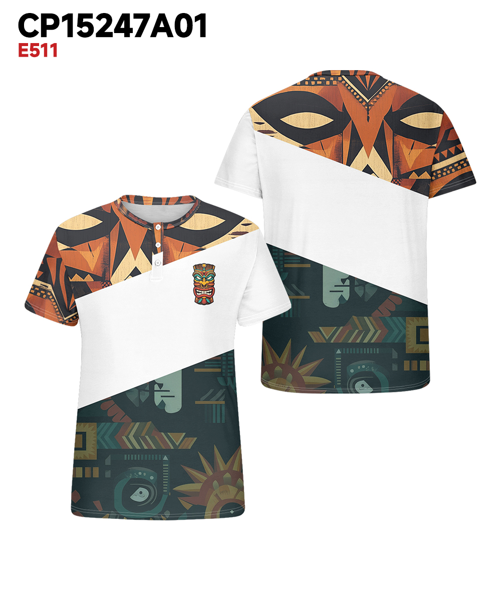 Men's Plus Size Daily Casual Stitching Tiki Mask Printed Henry Collar Button Short Sleeve T-Shirt