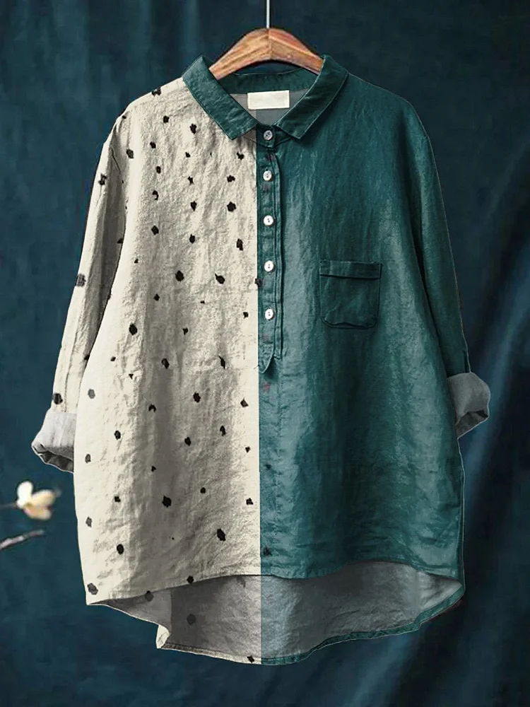 Women's Abstract Shapes Art Print Casual Cotton And Linen Shirt