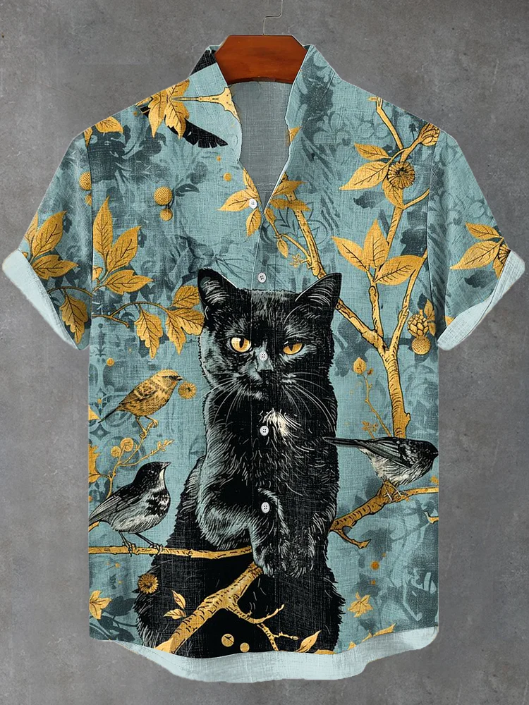 Men's Retro Mystic Black Cat Birds Forest Spirituality Print Linen Blend Shirt