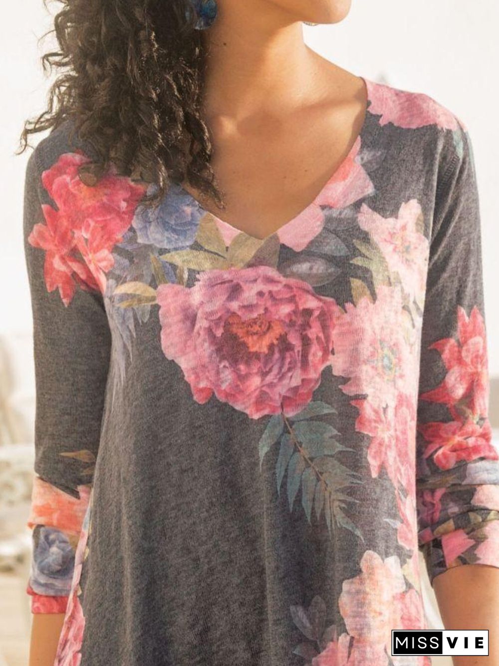 Cotton-Blend Casual V Neck Floral-Print T-shirt