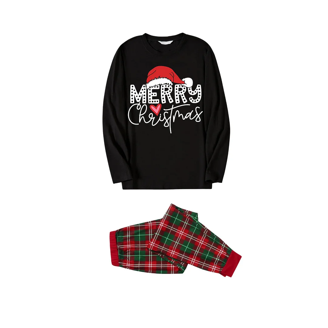 Red Santa Hat "Merry Christmas" Letter Print Black Long Sleeves Top with Classic Black and Green Plaid Pants Family Matching Pajamas