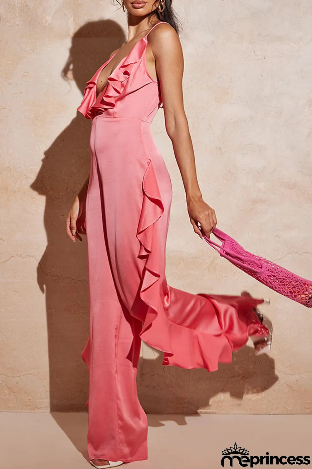 Sexy Casual Solid Backless Flounce V Neck Loose Jumpsuits