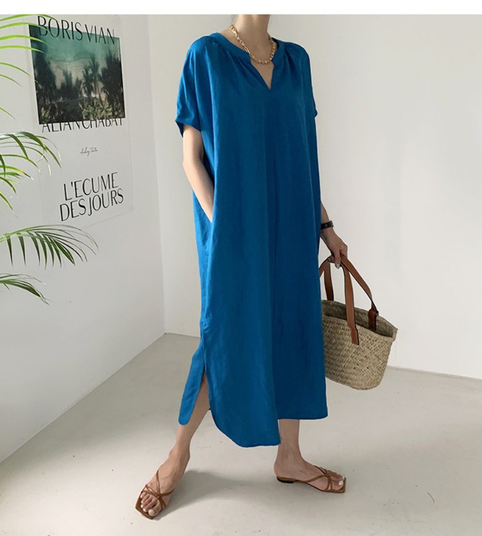 Summer Temperament Casual V-neck Loose Cotton Linen Dress