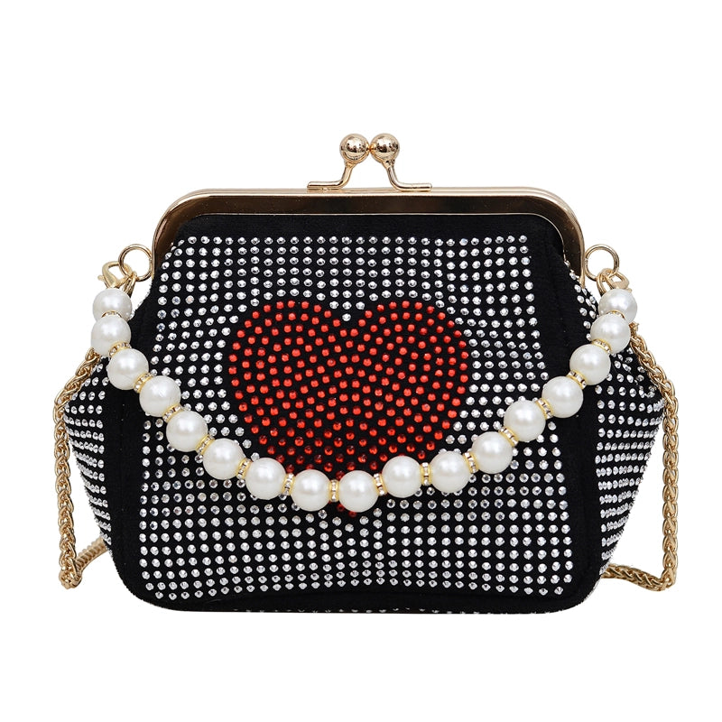 Women’s Pu Leather Heart Shape Streetwear Pearls Shell Lock Clasp Shoulder Bag Crossbody Bag