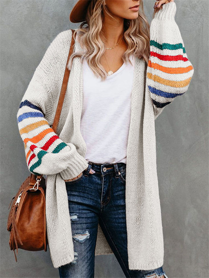  thdmladies Women's Loose Casual Rainbow Stripe Long Sleeve Sweaters Coats thedmladies