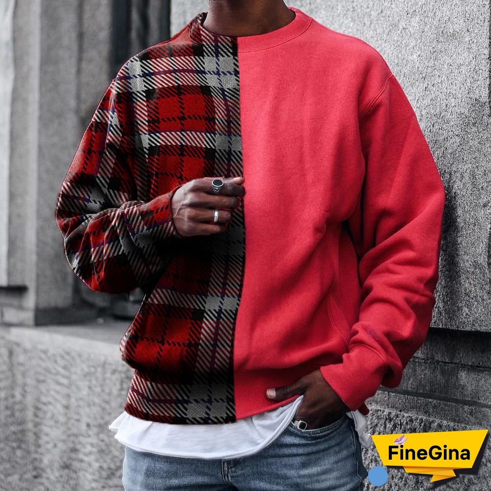 Street Fashion Plaid Texture Color Block Round Neck Sweater
