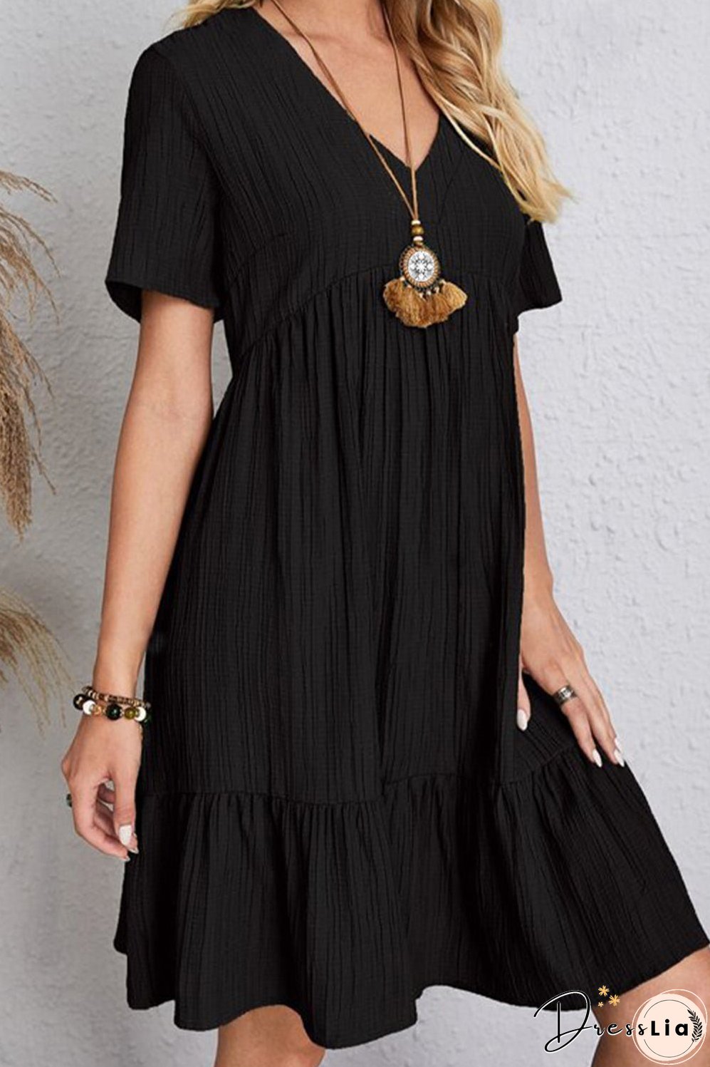 Full Size Ruched V-Neck Short Sleeve Dress