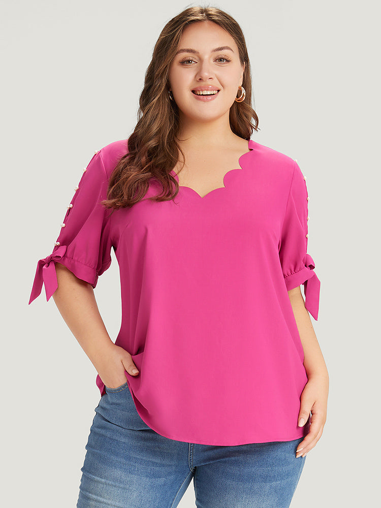 Plain Scalloped Trim Pearl Beaded Knot Sleeve Blouse