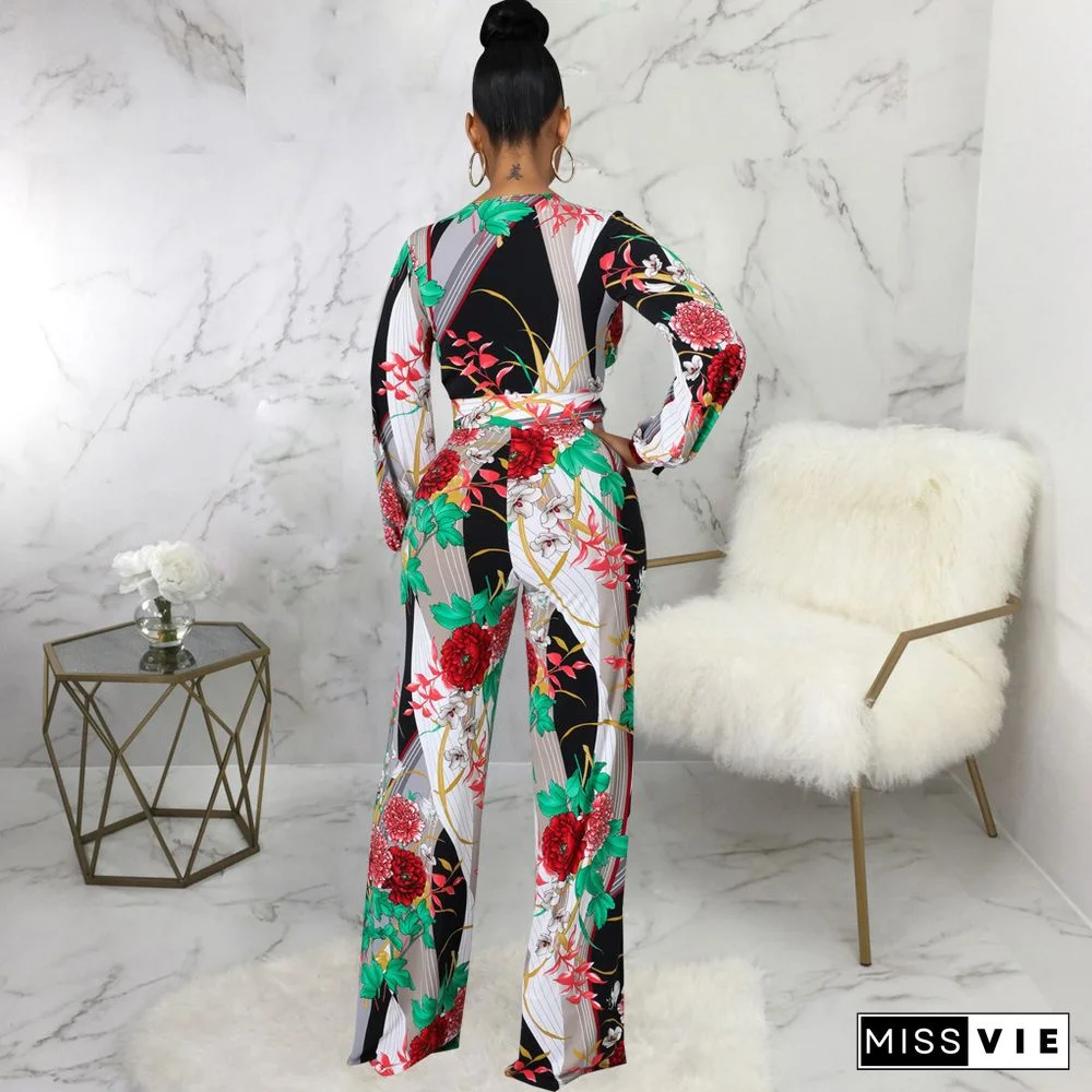 Digital Printed V-neck One Piece Jumpsuit