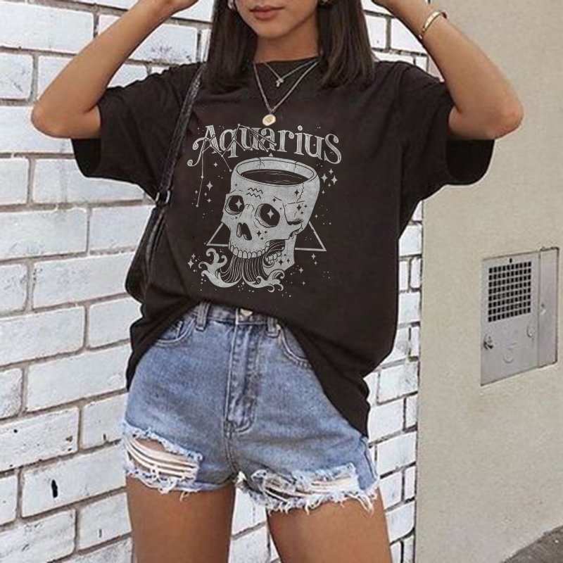 Aquarius skull printed designer black oversized T-shirt