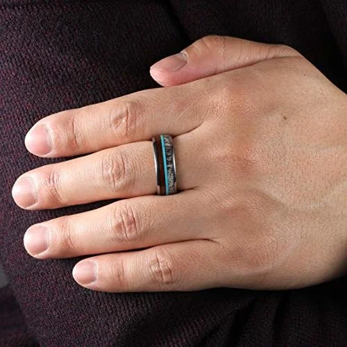 6MM 8MM Women's Or Men's Wedding Tungsten Carbide Wedding Matching Rings Silver with Blue Calaite Turquoise White Antler and Wood Inlay Comfort Fit Domed Top