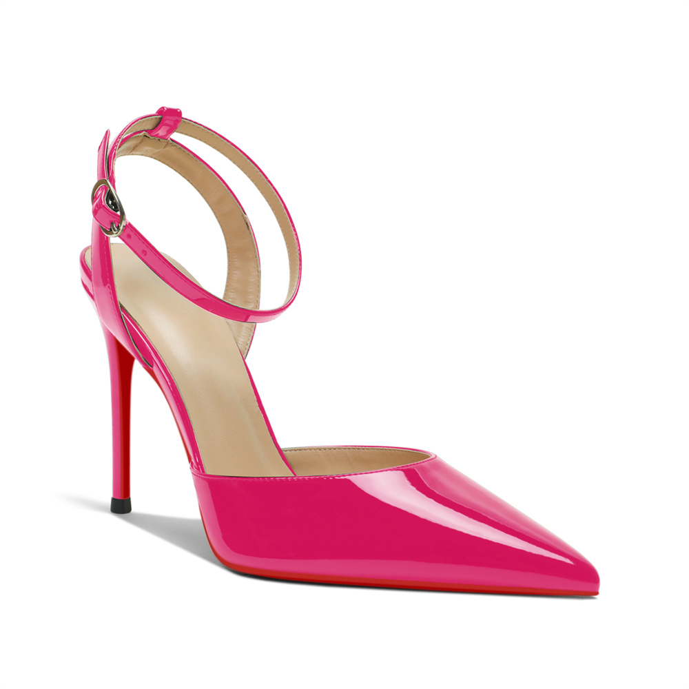 100mm Women's Slingback Ankle Buckle Pointed Toe Red Bottom Wedding High Heels-MERUMOTE