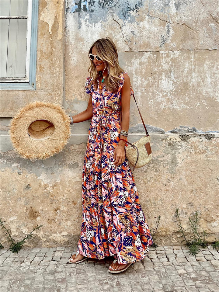 Spring and Summer Casual Temperament Women's Midriff Printed Long Dress Sleeveless V-neck Big Swing Dress Personality Street Style