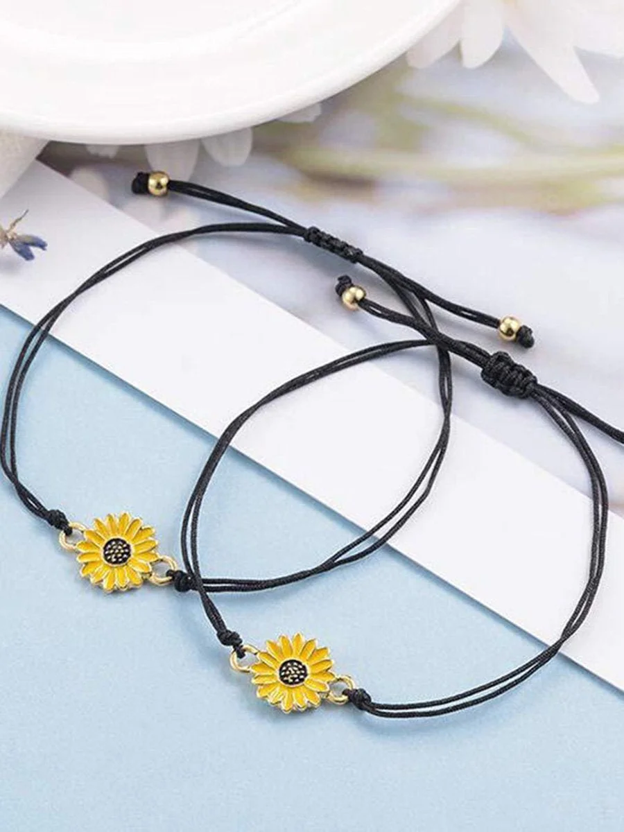 2 pcs Adjustable Sunflower Braid Alloy Bracelets with card