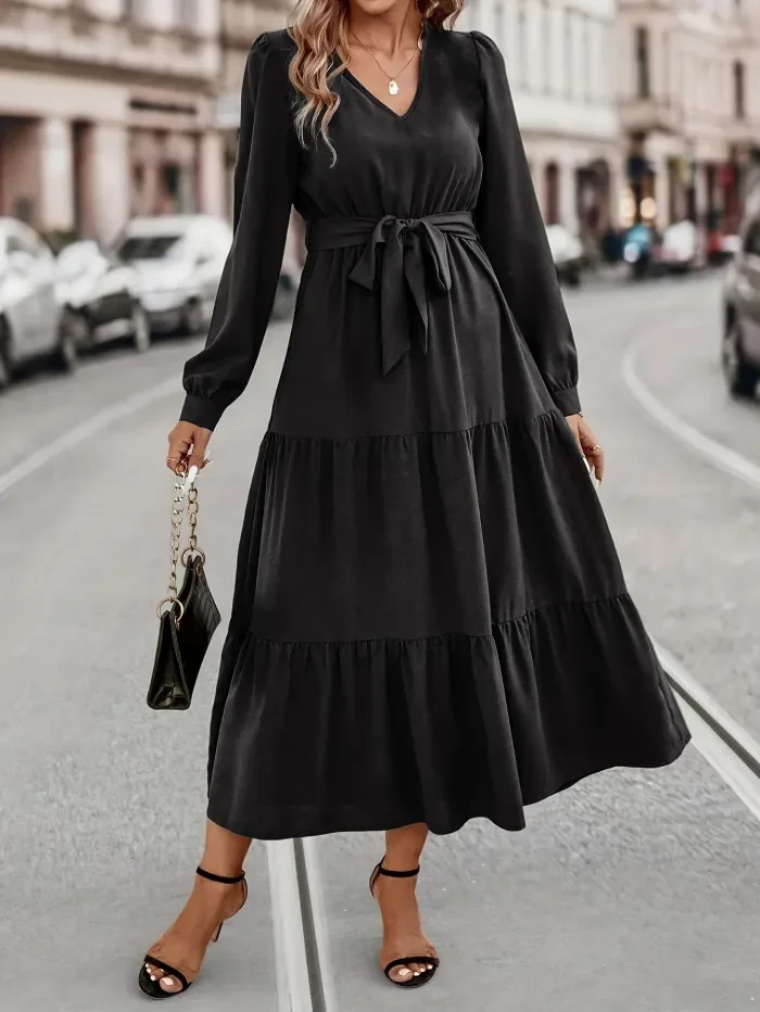 Tiered Maxi Dress, Casual V Neck Long Sleeve Solid Dress, Women's Clothing