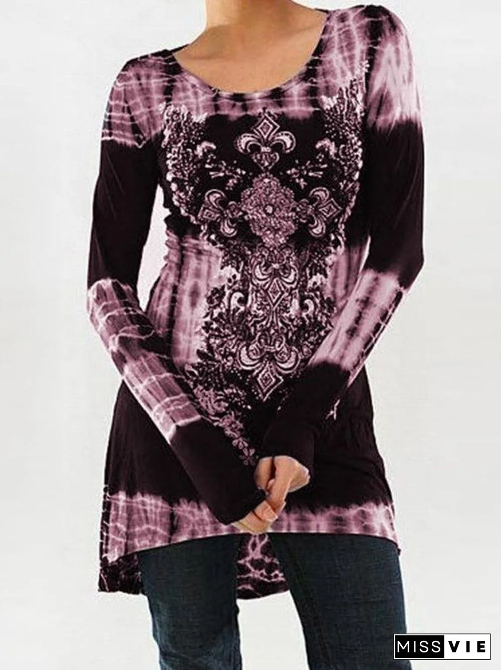 Women Long Sleeve Scoop Neck Printed Stitching Top