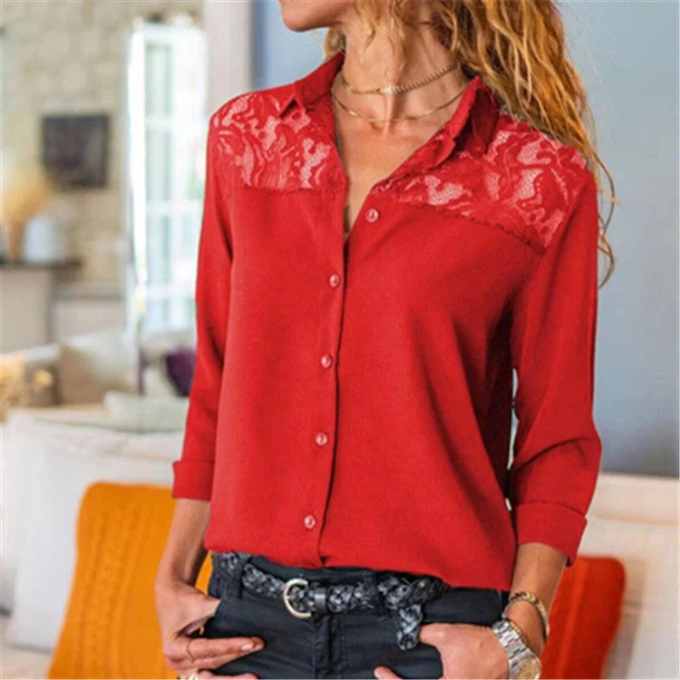 Uveng Solid Color Lace Button Shirt Blouses
