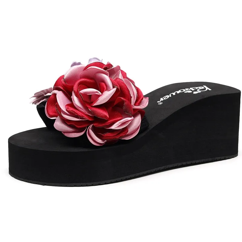Women's Large Size High-heeled Word Drag Female Slip Fashion Beach Sandals Sandals and Slippers DIY Flowers Sandals Simple
