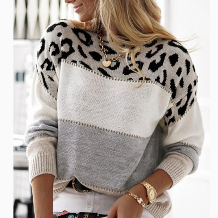 Women's Knitted Sweater Color Block Leopard Hollow Out Pullover Sweater