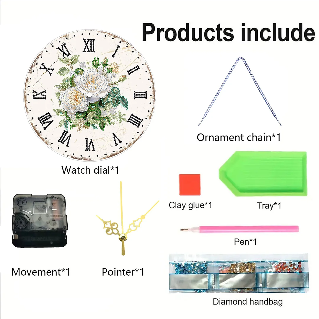 2D DIY Acrylic White Flower Diamond Painting Wall Clock Pendant w/Clock Function