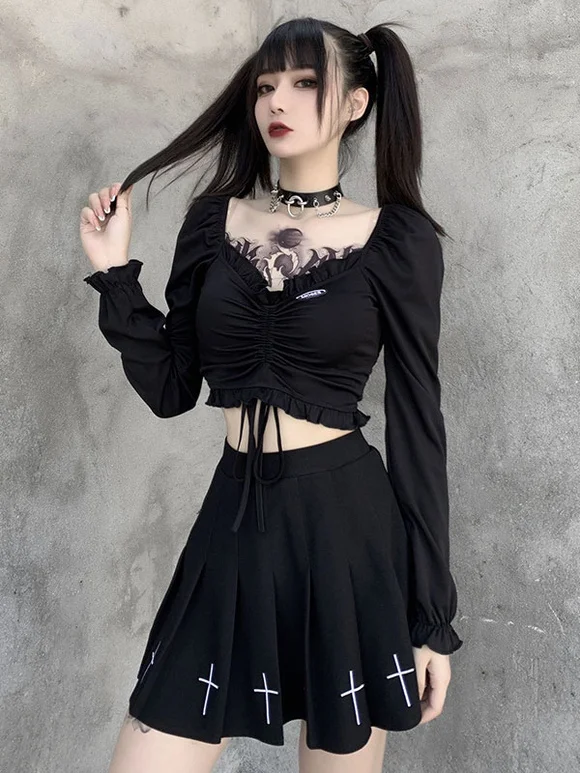Women's Black T Shirt Gothic Polyester Top Long Sleeve Gothic Shirt Novameme