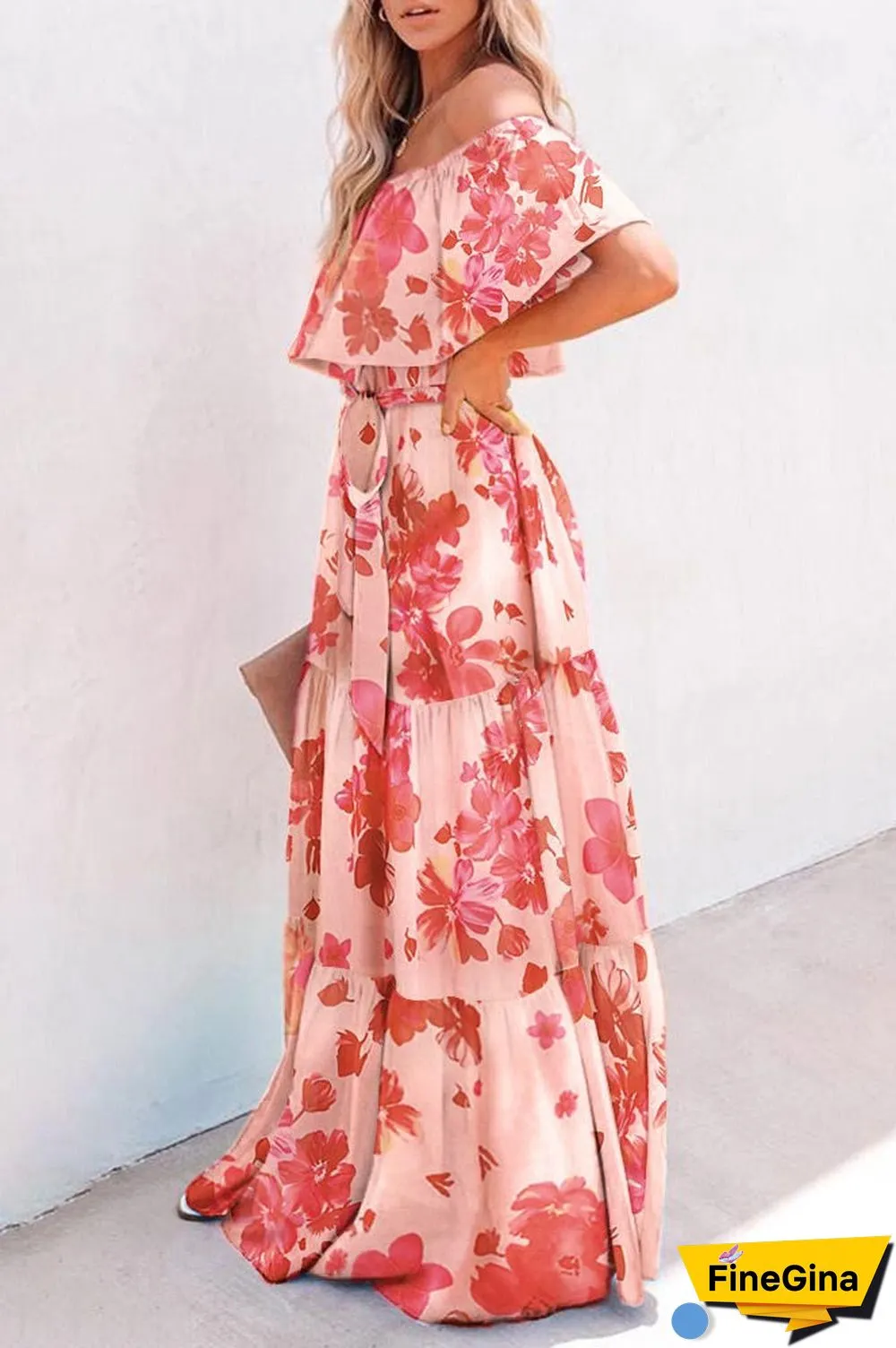 Plus Size Pink Print Off Shoulder Maxi Dress