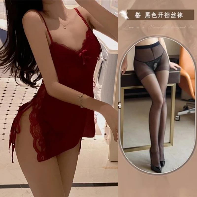 Uveng Sexy Pajamas Hot Lace Sling Aja Crocoat Girl Summer Pure Lust Wind Ice Silk High-End Emotional Uniform 2022 New