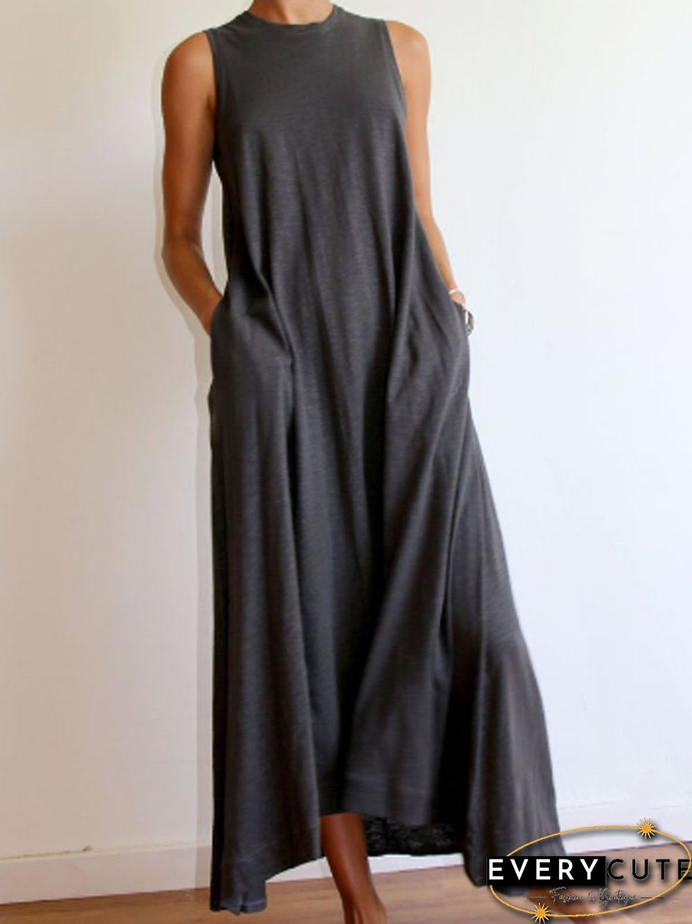 Cotton-Blend Solid Sleeveless Crew Neck Casualdress
