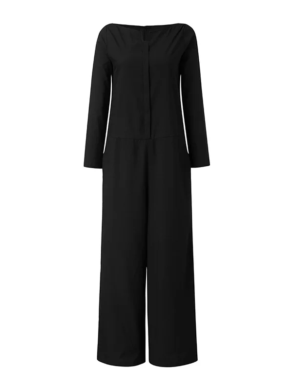 Casual 6 Colors Boat Neck Long Sleeves Jumpsuits