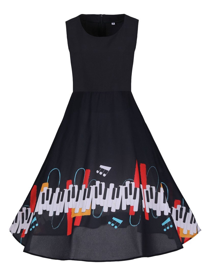 Women's Vintage Dress Print O Neck Sleeveless Dress
