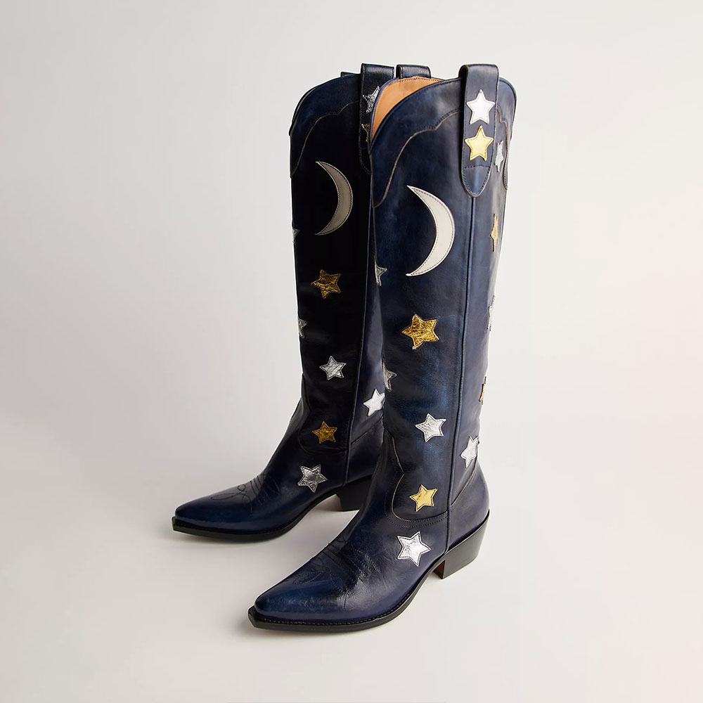 Navy Moon Star Inlay Pointed Toe Low Heel Knee-High Cowgirl Boots Nicepairs