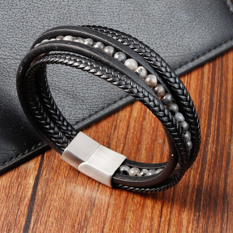 Black Leather Rope Cowhide Men's Double-Layer Stainless Steel Authentic Leather Weave Bracelet Handmade Multi-Layer Leather Bracelet 86