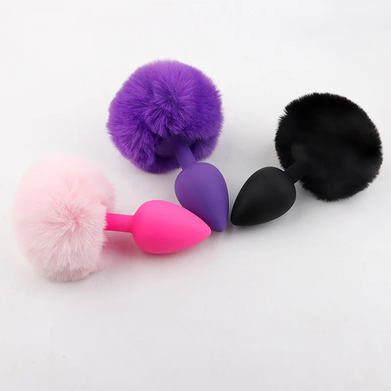 Pure Love Fluffy Bunny Tail, Silicone Anal Butt Plug, 3 Color, Adult Sex Toy