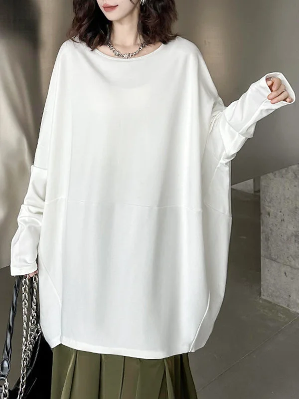 Casual White Round-Neck Batwing Long Sleeve T-Shirt