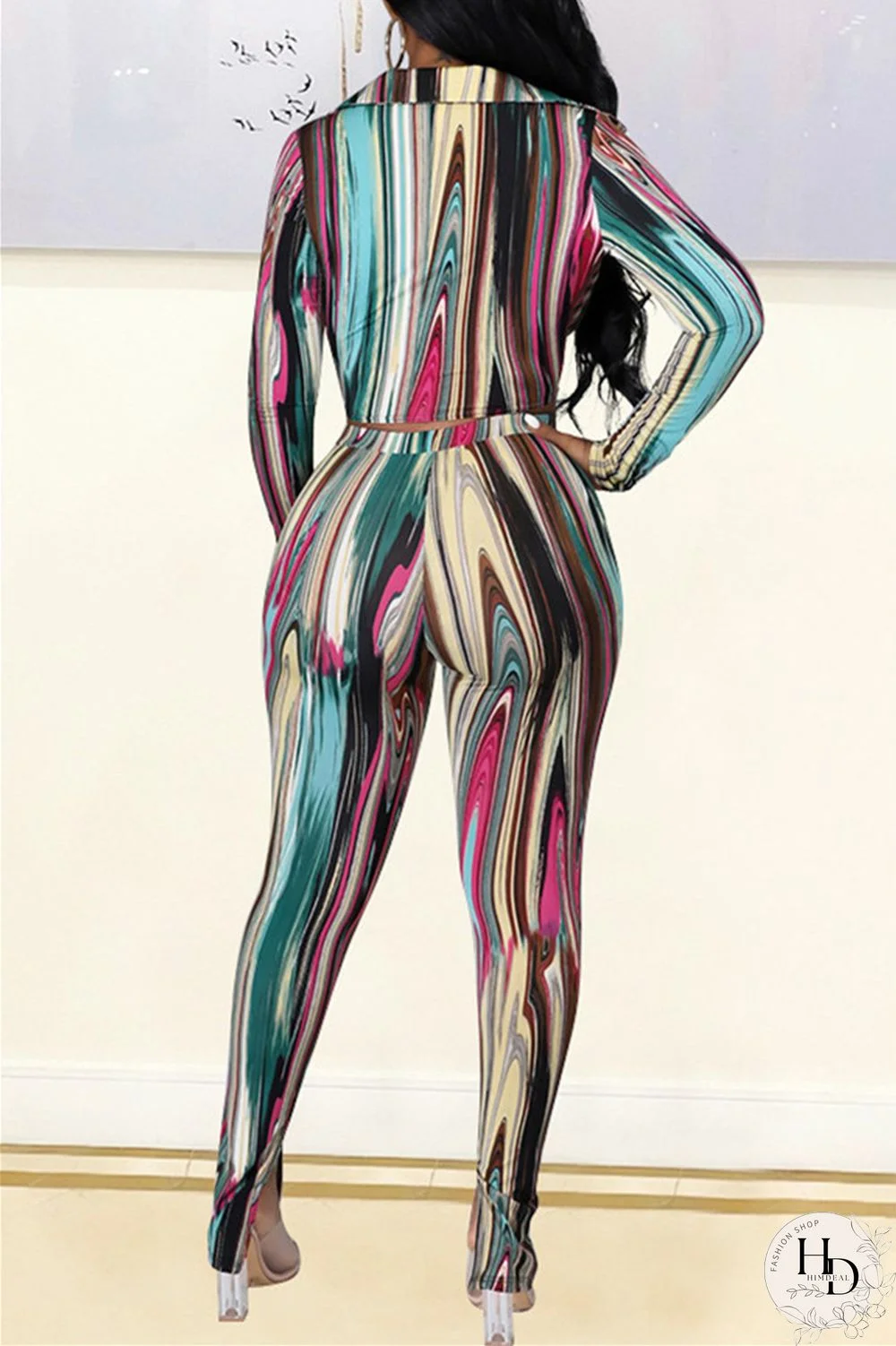 Rose Red Blue Sexy Casual Print Bandage Turndown Collar Long Sleeve Two Pieces