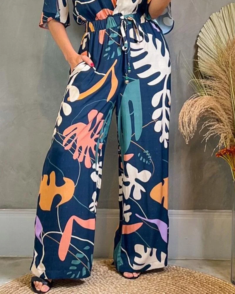 Printed V-neck Short Sleeve High Waist Jumpsuit